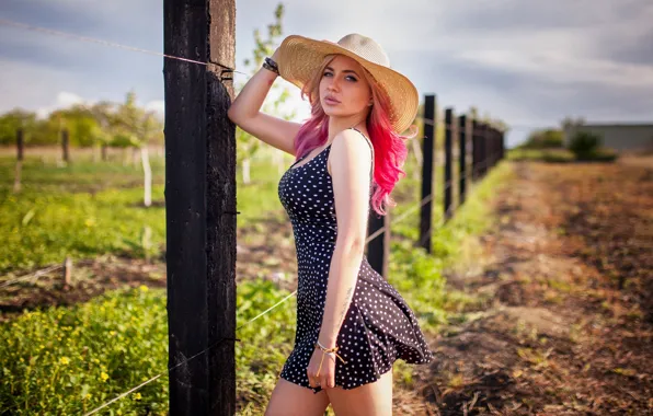 Picture field, look, the sun, posts, model, the fence, portrait, hat