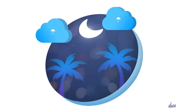 Clouds, night, palm trees, the moon, figure, weather, minimalism