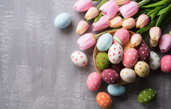 Flowers, eggs, spring, colorful, Easter, tulips, happy, pink