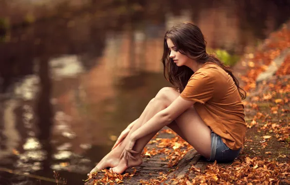 Autumn, girl, pose, foliage, Amber, Maarten Quaadvliet
