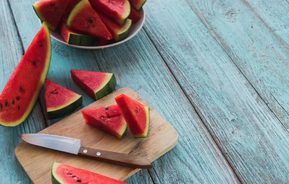 Watermelon, knife, Board, slices