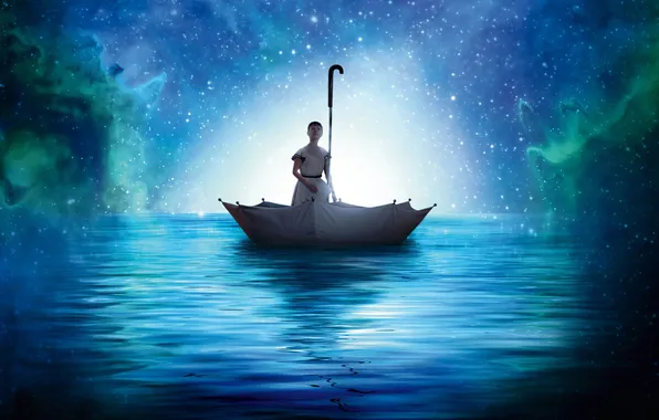 Water, girl, stars, night, umbrella, Cirque du Soleil: Fairy-tale world, Cirque du Soleil: Worlds Away