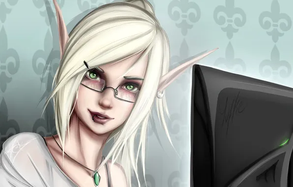 Girl, face, elf, glasses, monitor