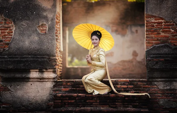 Look, girl, decoration, face, pose, smile, house, wall