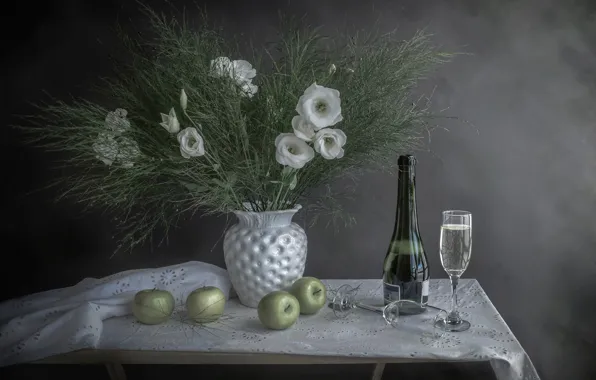Flowers, table, holiday, apples, champagne, Happy New Year
