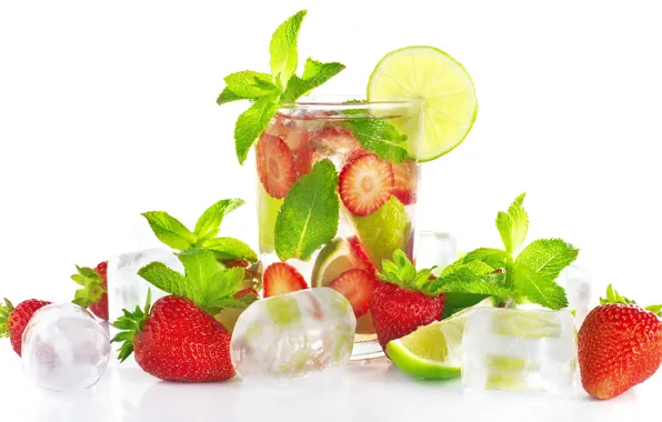 Greens, leaves, berries, ice, strawberry, cocktail, white background, lime