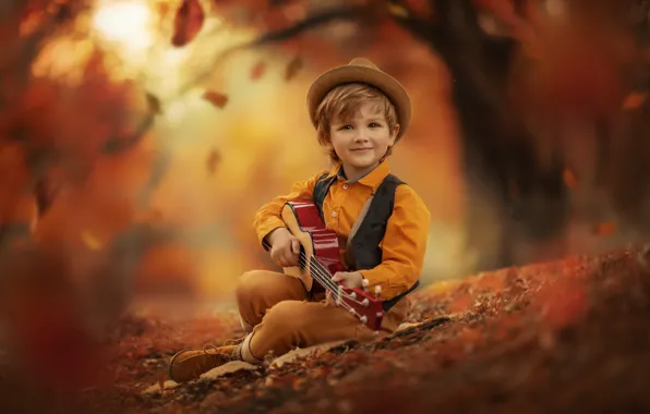 Autumn, nature, guitar, boy, falling leaves, child, Jansone Dace