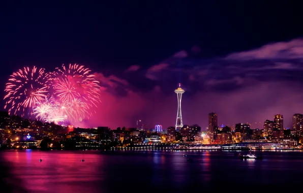Night, the city, lights, fireworks, Seattle, panorama, July 4