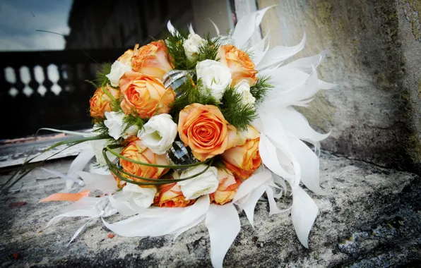 Flowers, stones, roses, bouquet, white, orange