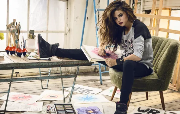 Table, model, figure, chair, actress, singer, Marie, Selena Gomez