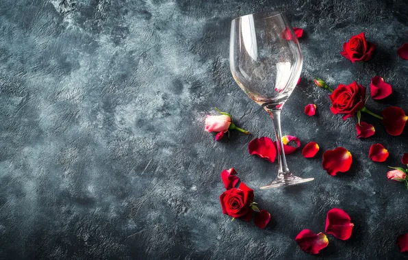 Glass, flowers, holiday, glass, roses, red, grey background, March 8