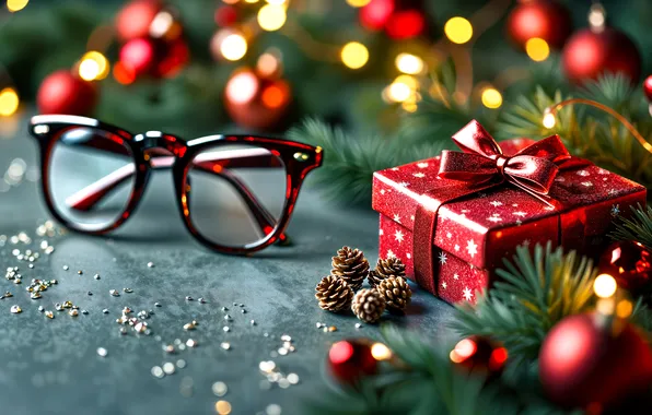 Balls, branches, lights, box, gift, glasses, Christmas, New year