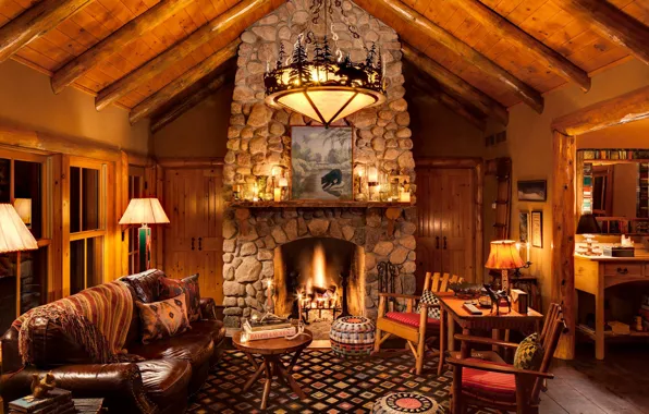 Interior, oven, retro style, living room, Milwaukee, Milwaukee, rustic style, house design in mountain style
