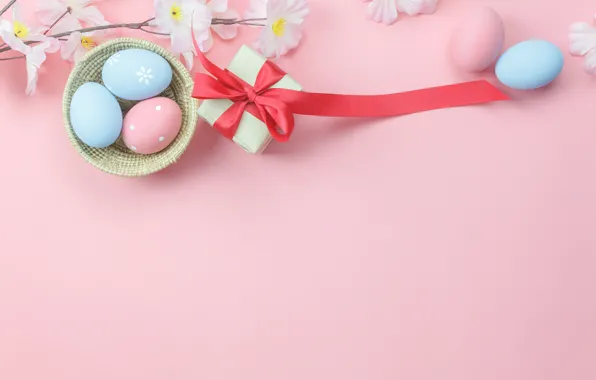 Flowers, background, pink, gift, eggs, spring, Easter, wood
