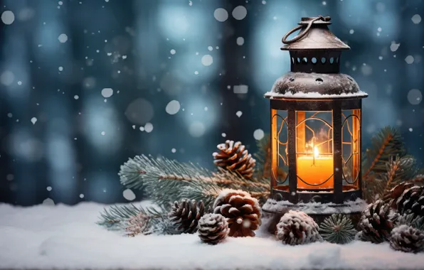 Picture winter, snow, decoration, New Year, Christmas, lantern, light, new year