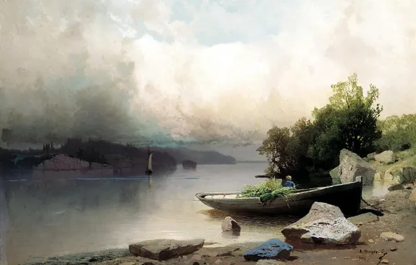 Clouds, River, Boat, Picture, Russian painter, On the river, Arseniy Meshchersky, Arseny Meshchersky