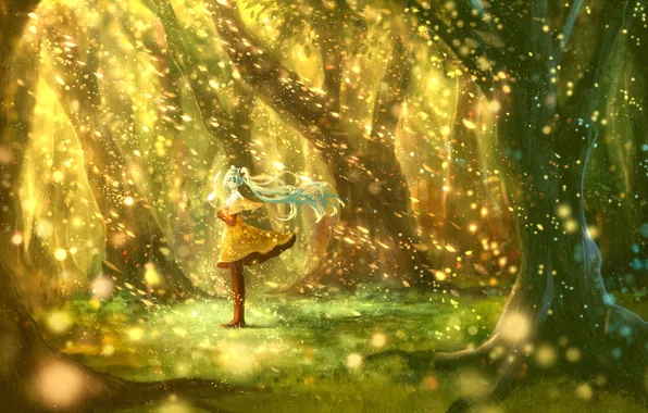 Girl, trees, nature, anime, art, note, vocaloid, hatsune miku