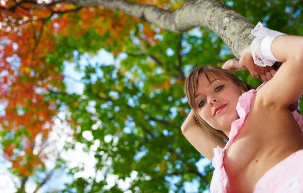 Autumn, look, girl, trees, smile, foliage, brown hair, Emily