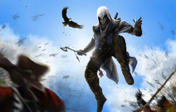 Picture jump, eagle, explosions, soldiers, assassin, assassins creed 3, Connor kenuey, Radiohead