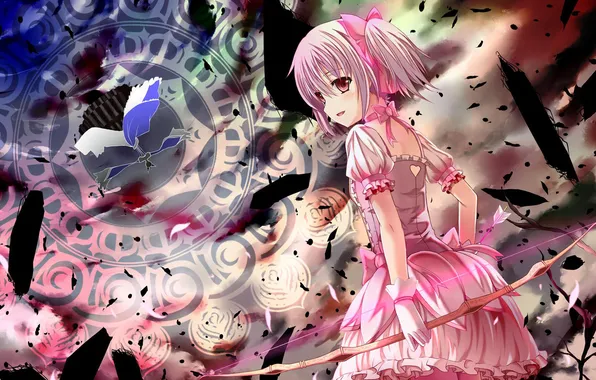 Picture girl, magic, bow, pentagram, mahou shoujo madoka magica, madoka kaname