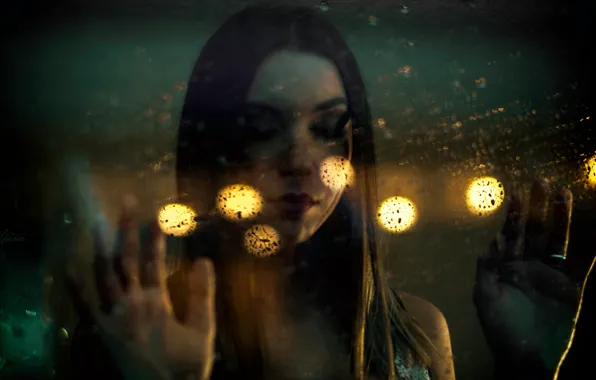 Glass, girl, drops, light, rain, bokeh, wet glass