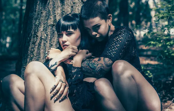 Tattoo, legs, two girls, Gravity