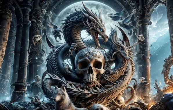 Picture sake, fantasy, wolf, dragon