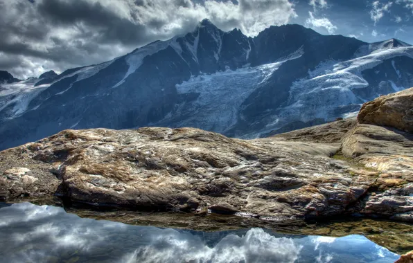 The sky, clouds, mountains, nature, lake, stones, Austria, Alps