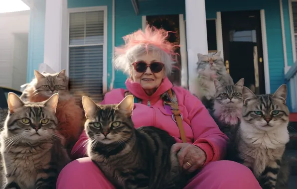 Cats, house, cats, grandma, a lot, pink suit, pensioner, cat lady