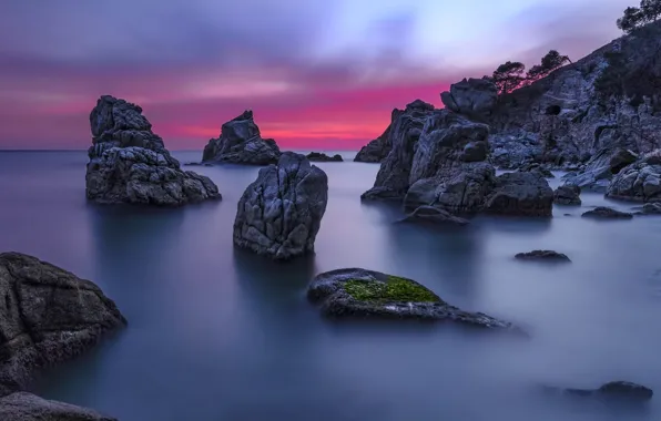 Sea, landscape, sunset, nature, rocks, Spain, Lloret de Mar, Lloret de Mar