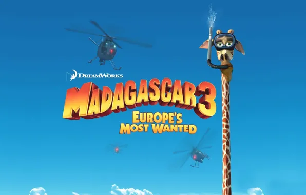 Picture The sky, Sea, Giraffe, DreamWorks, Madagascar, Madagascar, Helicopters, Cartoon