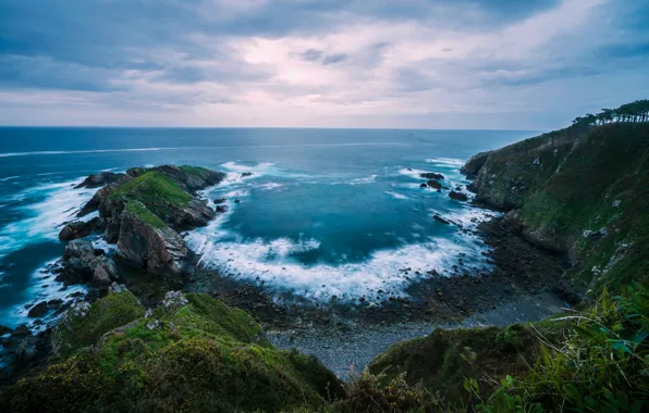 Sea, the sky, grass, clouds, stones, rocks, shore, coast