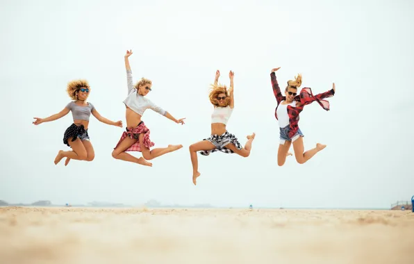 Sand, sea, beach, the sky, the sun, girls, jump, shorts
