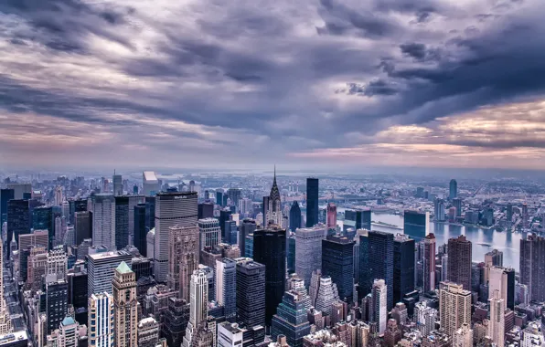 The sky, clouds, the city, building, home, New York, skyscrapers, the evening