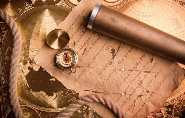 Picture map, rope, journey, spyglass, compass, telescope, maps, old letters