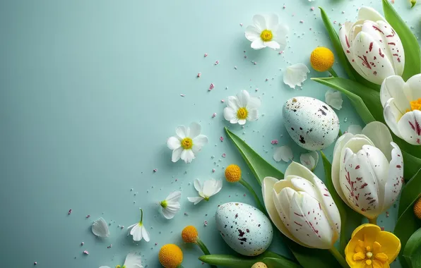 Leaves, flowers, holiday, eggs, bouquet, spring, yellow, petals