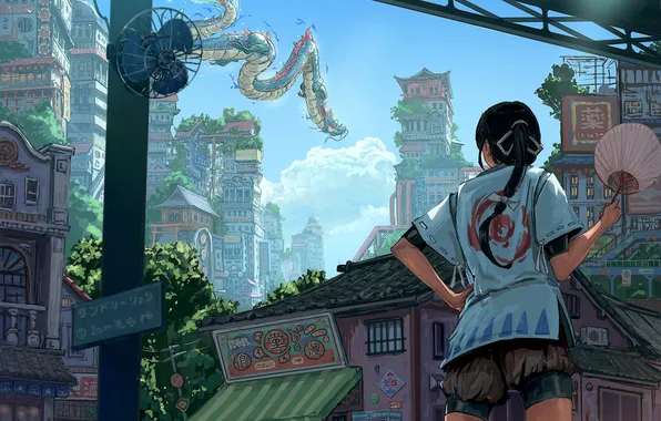 City, girl, fantasy, sky, clouds, street, dragon, asian