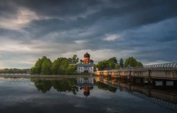 Picture landscape, clouds, bridge, nature, lake, reflection, Vitaly Levykin, Vvedenskoe lake