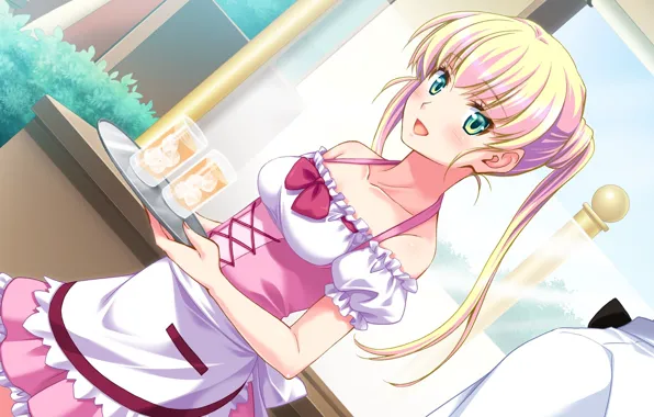 Glasses, blue eyes, art, tray, apron, ruffles, visual novel, no pantsu!!