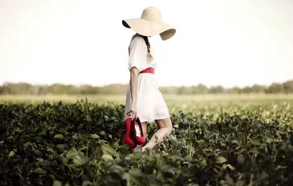 Picture field, girl, shoes, hat