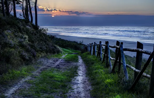 Picture road, sea, sunset, the fence