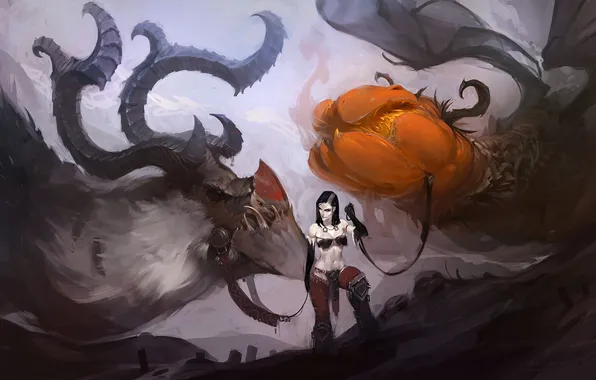 Look, girl, fiction, being, art, horns, leash