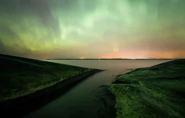The sky, stars, night, stones, Northern lights, panorama, Finland