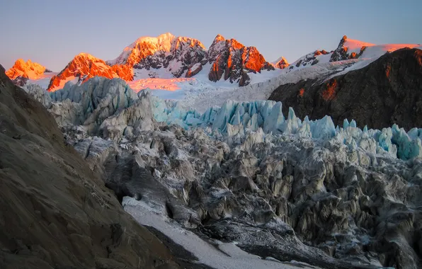 Winter, snow, mountains, dawn, tops, glacier
