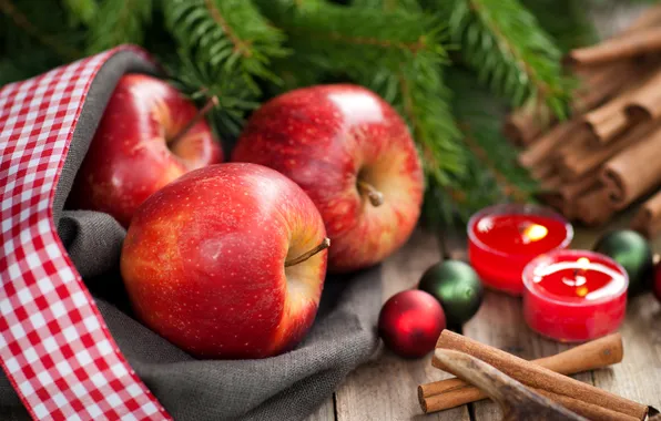 Picture winter, balls, branches, apples, spruce, sticks, candles, red