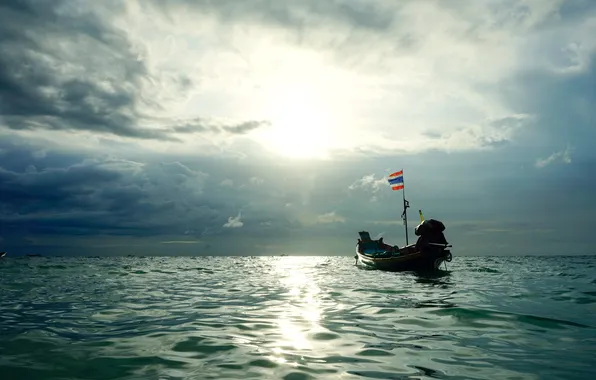 Sea, the sky, the sun, clouds, boat, sky, sunset, calm