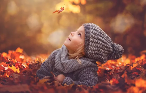 Picture autumn, leaves, mood, foliage, hat, girl, leaf, bokeh