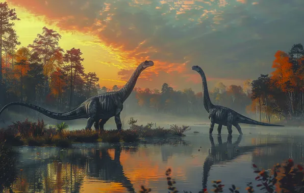 Clouds, Trees, River, Dawn, Two, Animals, Digital art, Dinosaurs