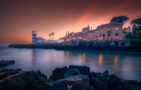 Picture sea, landscape, sunset, stones, lighthouse, building, the evening, Portugal