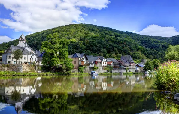 Water, trees, reflection, river, shore, mountain, home, Germany